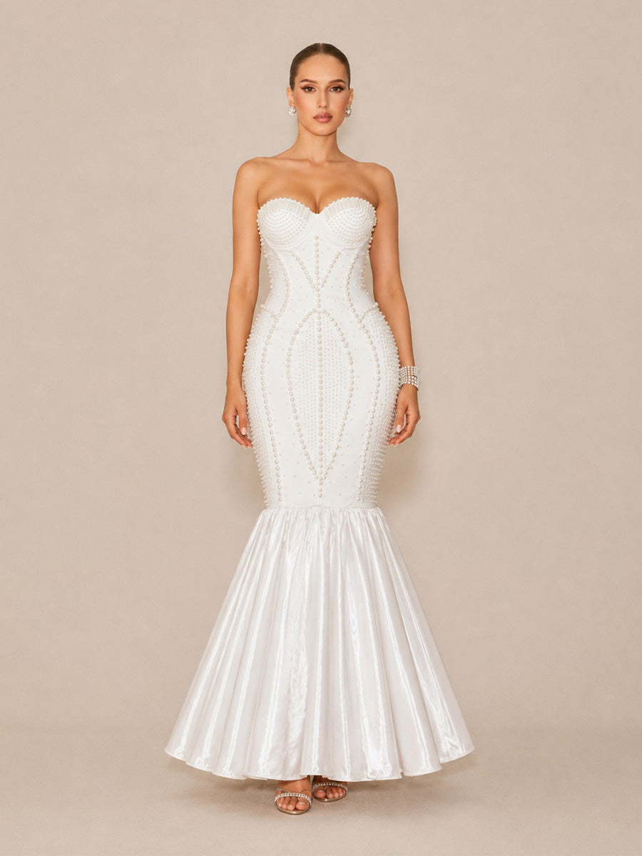 Arielle Sexy Strapless Pearl-Beaded Maxi Dress