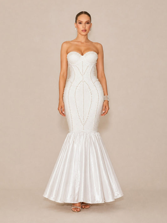 Arielle Sexy Strapless Pearl-Beaded Maxi Dress