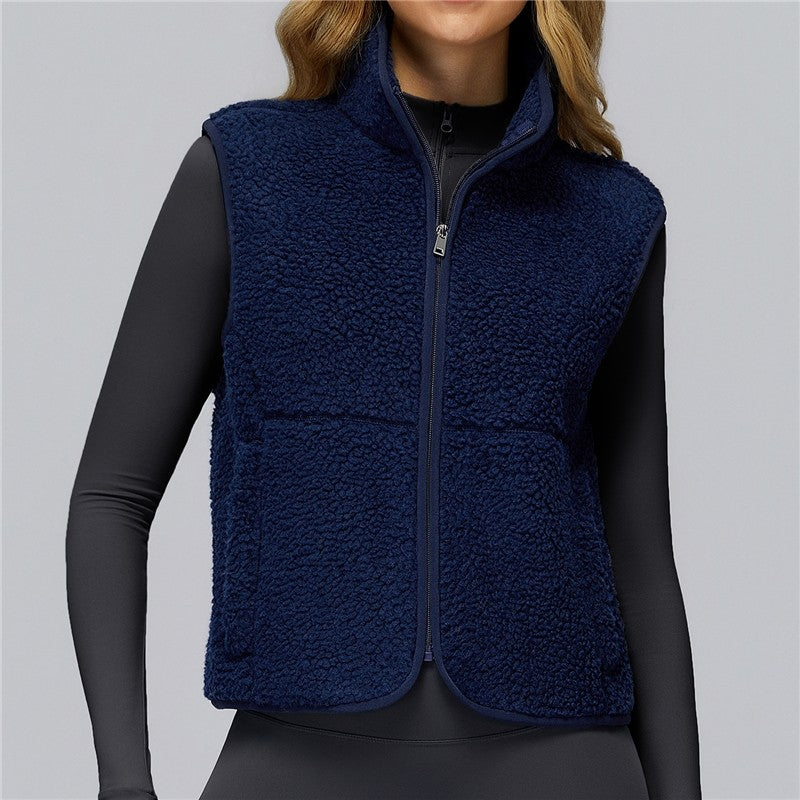Solid Color Stand Collar Fleece Sports Vest