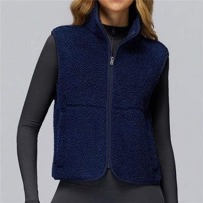 Solid Color Stand Collar Fleece Sports Vest