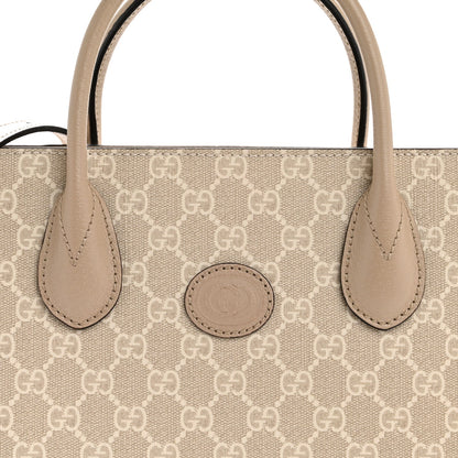 GG Supreme Monogram Textured Dollar Calfskin Small Retro Interlocking G Tote Bag Beige Mystic White Oatmeal