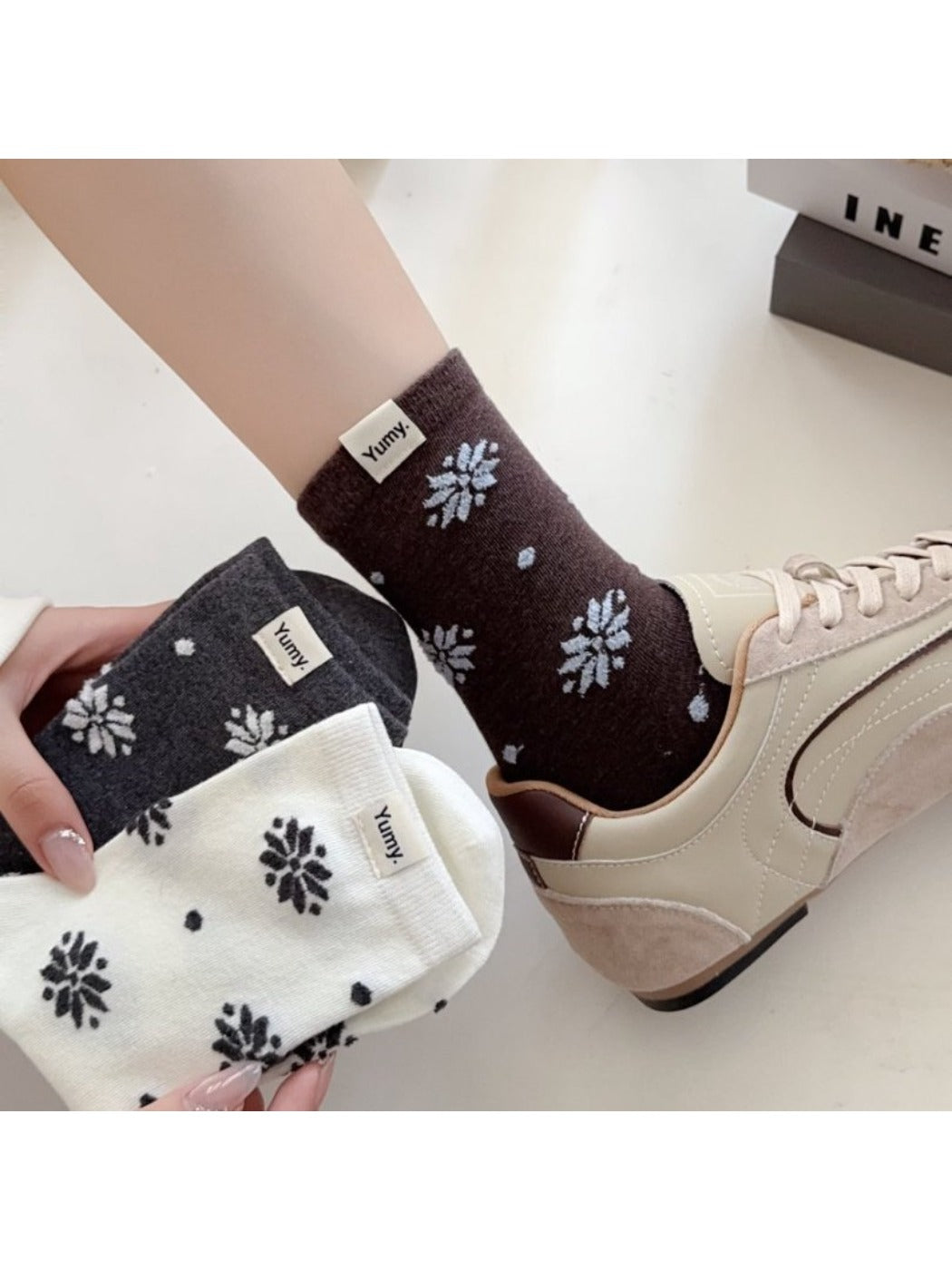 Rufia - Mid-Calf Winter Socks with Snowflake &amp; Dots Patterns