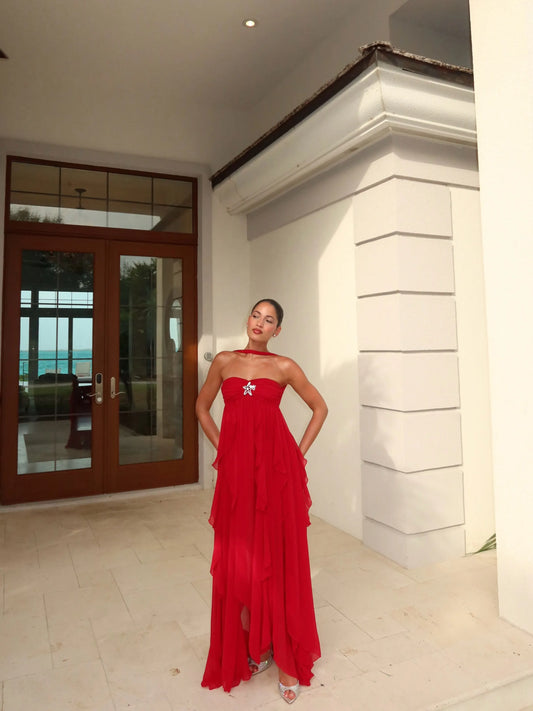 Liora Halter Ruffle Chiffon Maxi Dress In Red