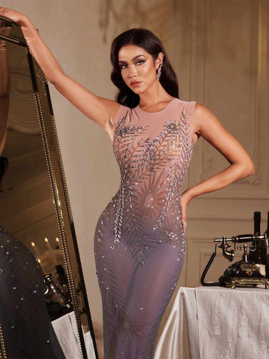Roselyn Sleeveless Rhinestone Mesh Maxi Dress