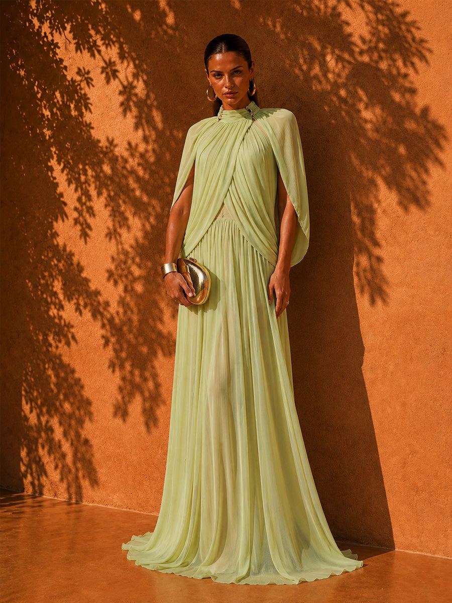 Bella Elegant Solid-Color Pleated Mesh Maxi Dress