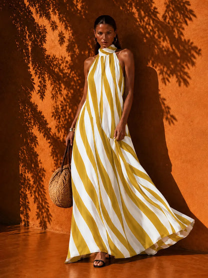 Evelynn Striped Halter-Neck Sleeveless Maxi Dress