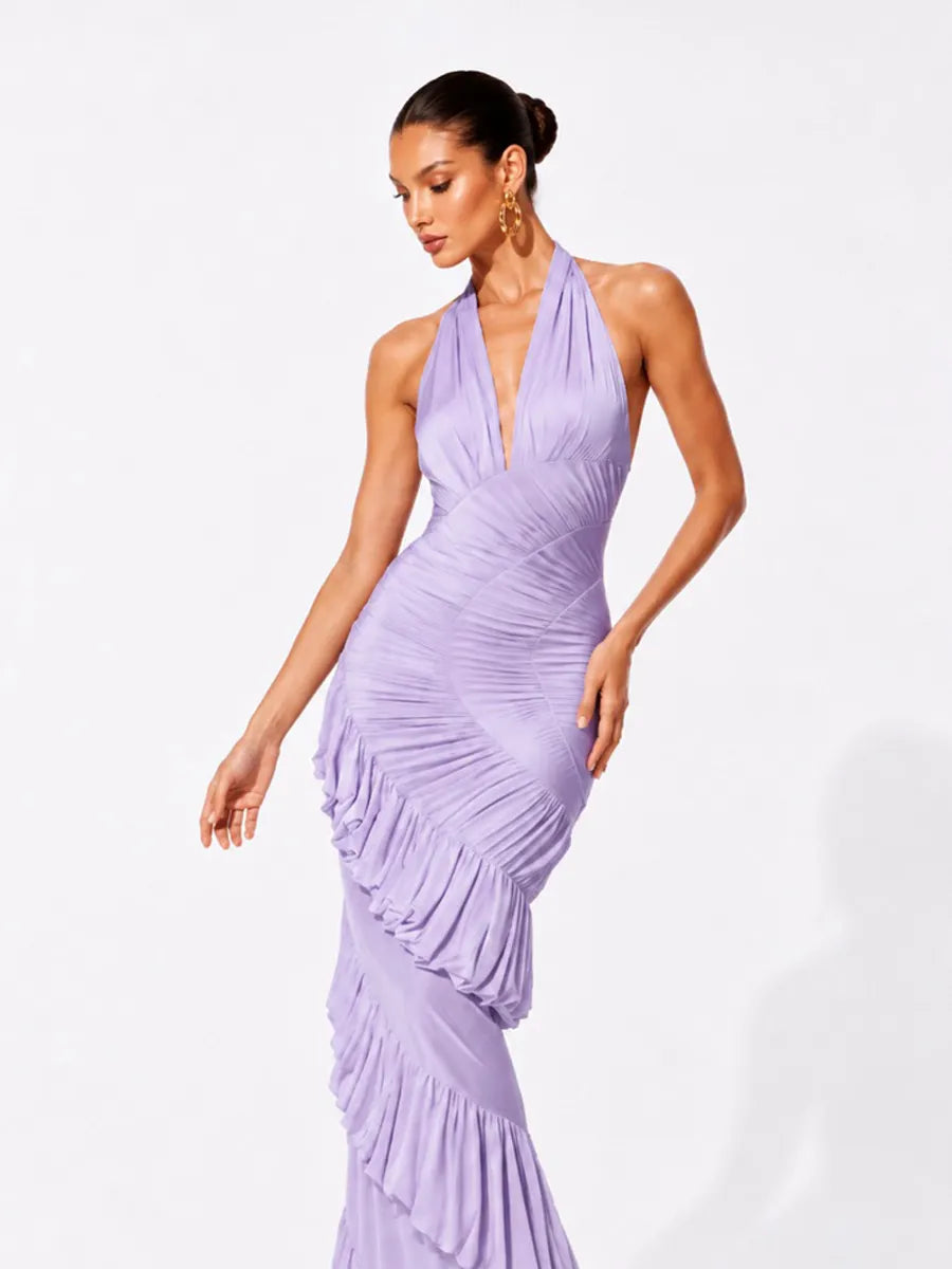 Marina Tiered Pleated Halter Maxi Dress