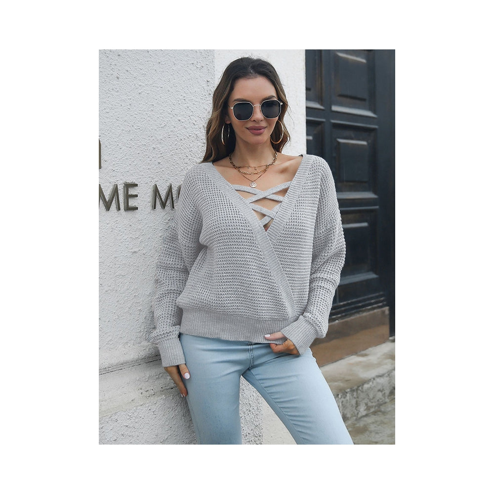 Casual Long Sleeves Loose Solid Color V-Neck Sweater Tops