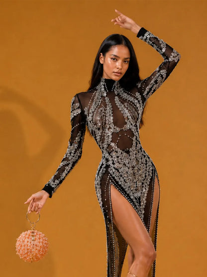 Jazlyn Rhinestone & Sequin Mesh Long-Sleeve Maxi Dress In Black