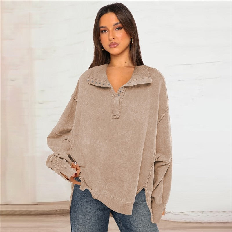 Polo Collar Split Sleeve Loose Sweatshirt Women