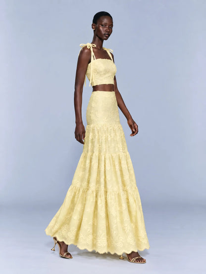 Talia Strappy Lace Top and Maxi Skirt Set In Yellow
