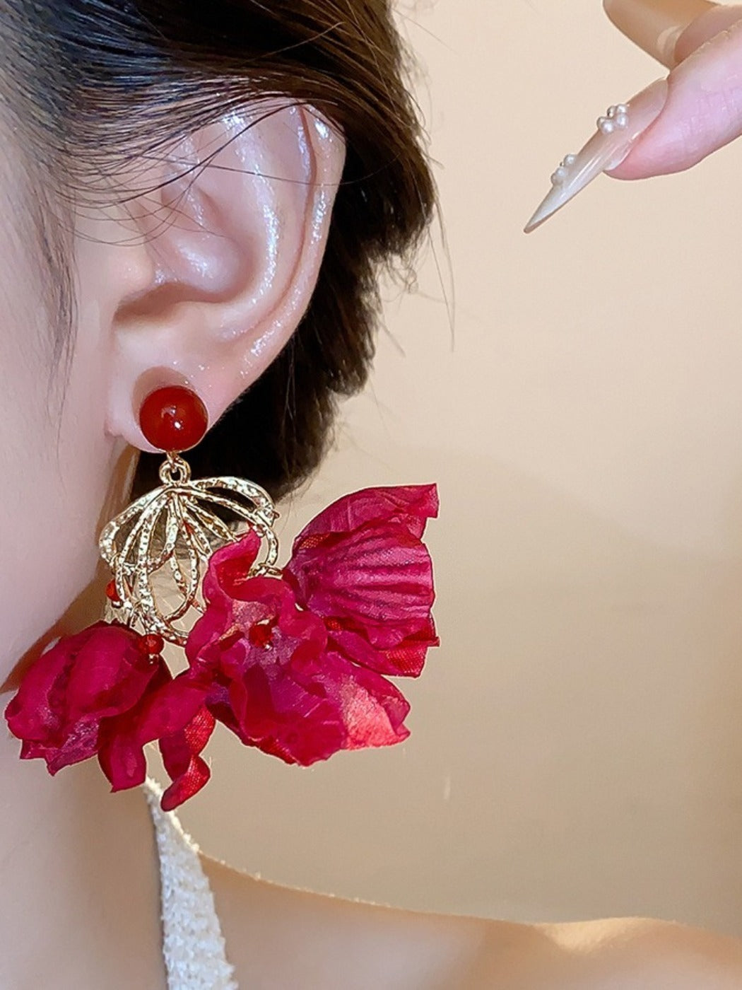 Earwish - Rose Red Floral Tassel Earrings