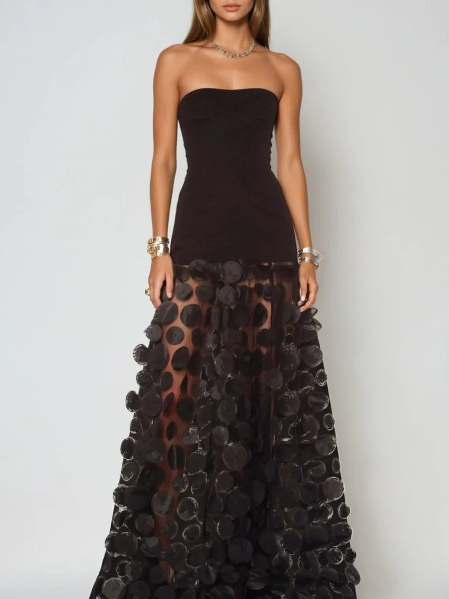 Kinsley Dot Strapless Maxi Dress In Black
