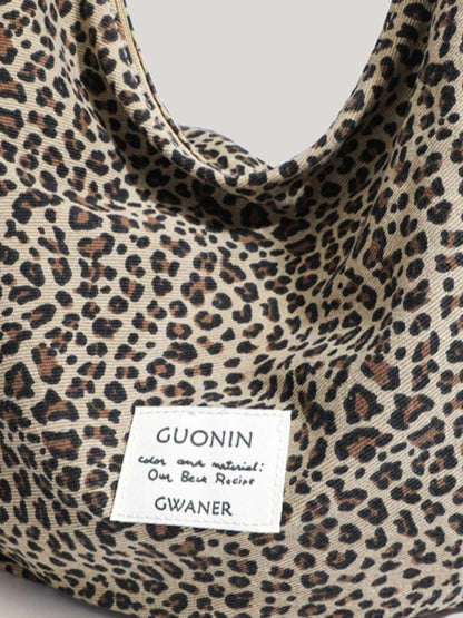 Cosbai - Large Capacity Single-shoulder Canvas Bag with Leopard Print