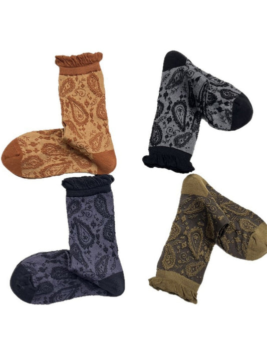 Rufia - Retro Mid-calf Socks with Cashew Flower Patterns
