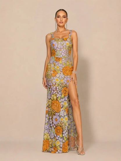 Aria Romantic Embellished Sequin Floral High Slit Maxi Dress