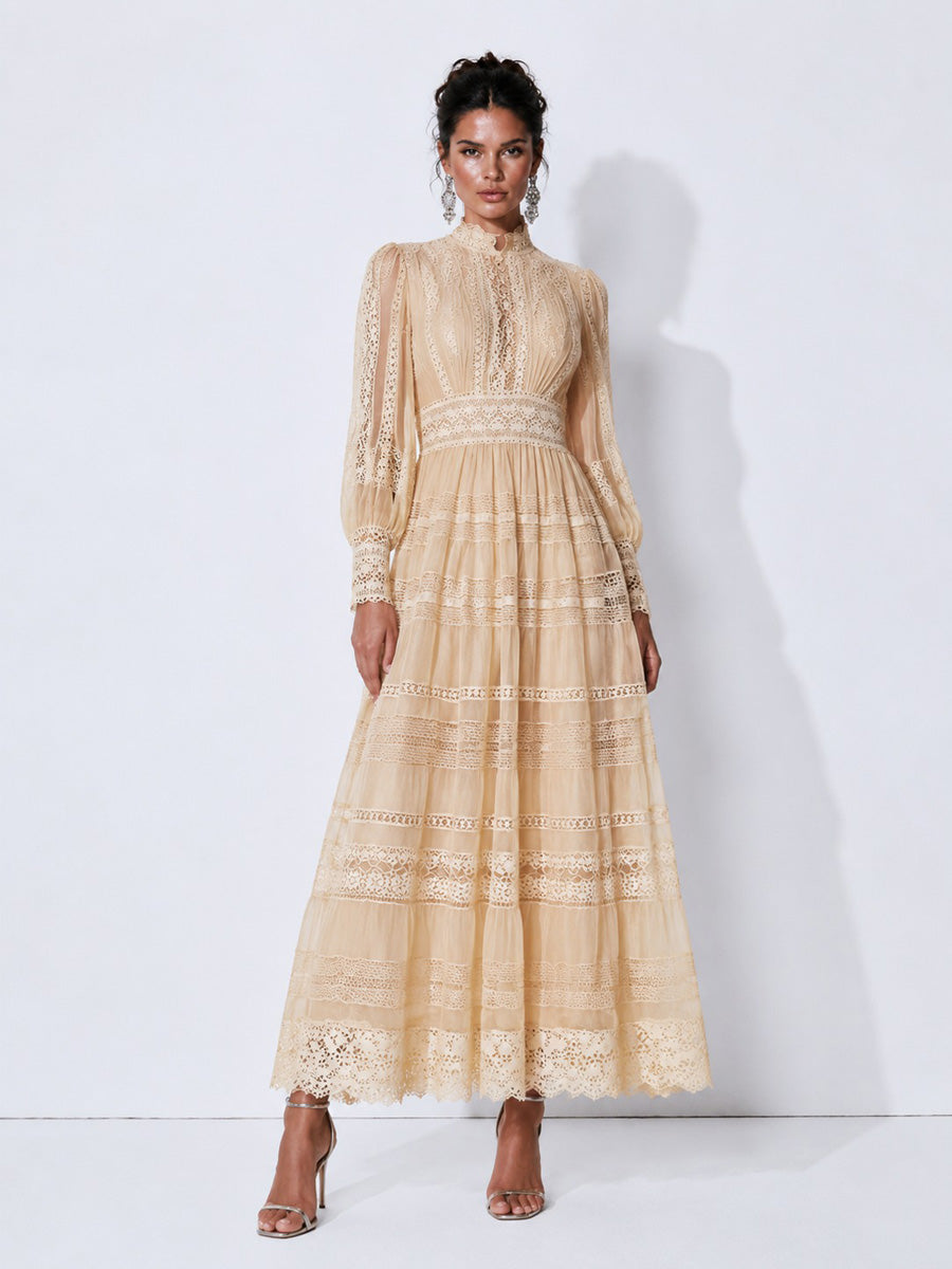 Camilla Lace-Panel Lantern-Sleeve Maxi Dress