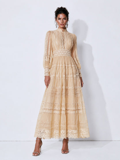 Camilla Lace-Panel Lantern-Sleeve Maxi Dress
