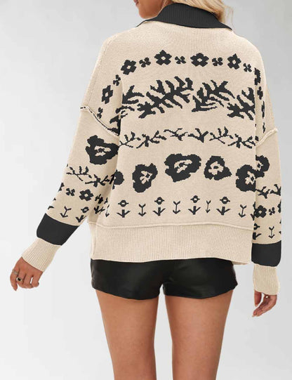 Vintage Floral Print Loose Knit Cardigan