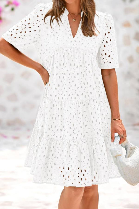 Women's V Neck Short Sleeve Hollow Out Mini Vacation Dress