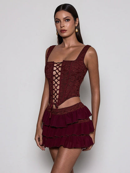 Melinda Corset Lace Up Tiered Skirt Set