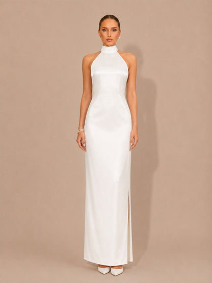 Selene Halter-Neck Beaded-Back Maxi Dress