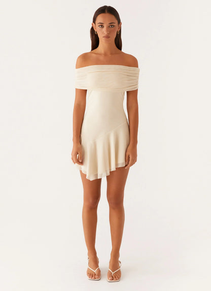 Finola Off Shoulder Mini Dress - Pastel Yellow