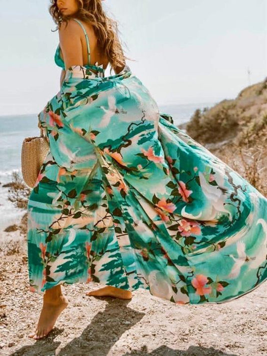 Women Long Wrap Belt Ties Front Beach Floral Kimono Swimwear Cover Ups