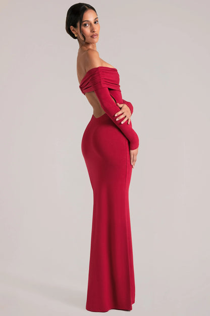 Off-Shoulder Long-Sleeve Maxi Dress in Cherry Red