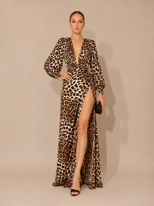 Leona Sexy V-Neck Leopard Print Maxi Dress