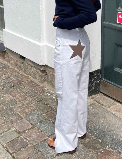 Trendy Color Contrast Splicing Star Denim Pants