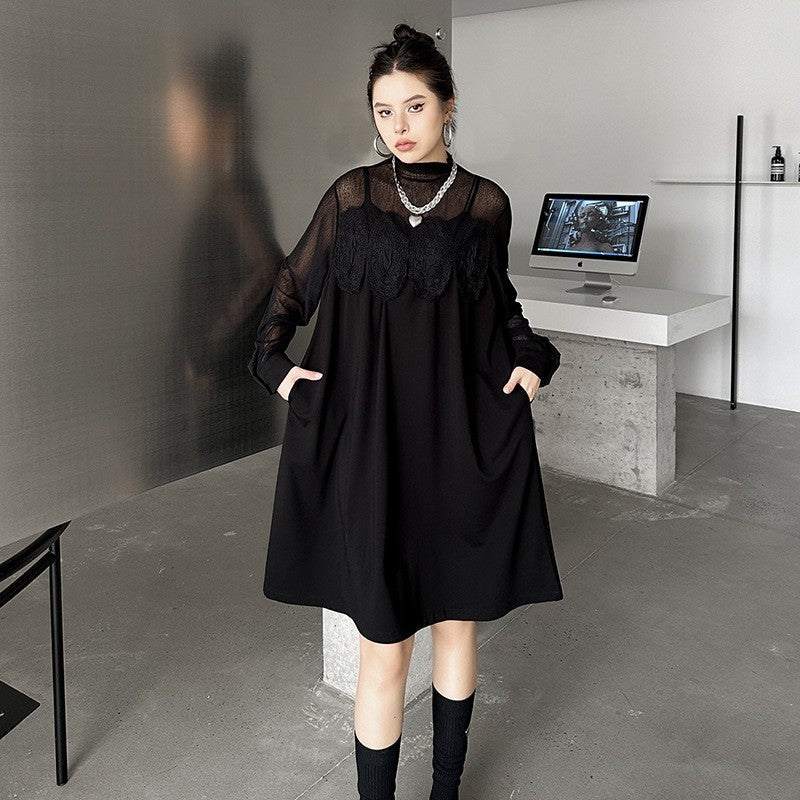 Hollow-Out Lace & Mesh Paneled Dress - Loose Fit, Luxury Feel, Elegant Mid-Length Dress For Women