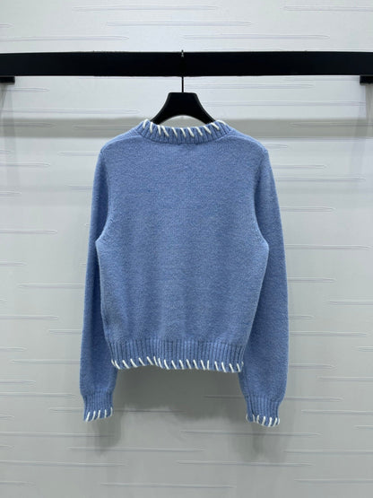 CC 26s Crochet-Trimmed Crew Neck Cardigan Blue Knit 343630