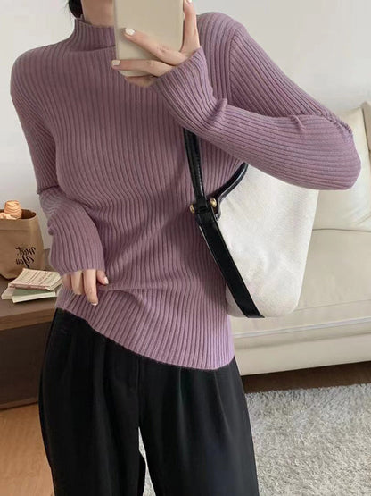 Long Sleeves Skinny Solid Color Mock Neck Knitwear Pullovers Sweater Tops