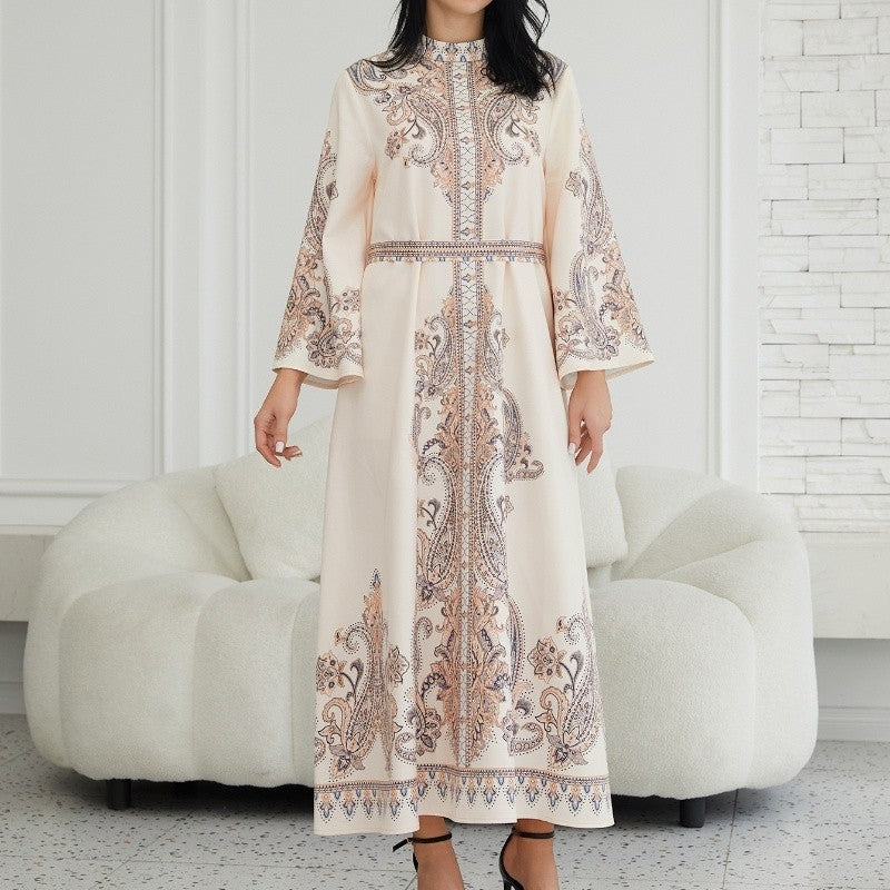 Royal Collar Print Long Retro Muslim Dress