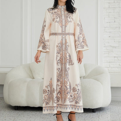 Royal Collar Print Long Retro Muslim Dress