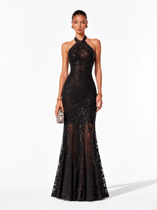 Paloma Luxurious Contour Halter Open Back Floral Sequin Midi Dress