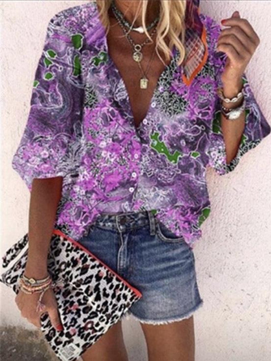 New Style Multicolor Printed Casual Women'S Shirt With 9-Point Sleeves