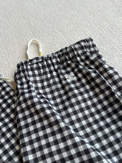 Celine 25 Arc de Triomphe Plaid Casual Pants Black White Polyester