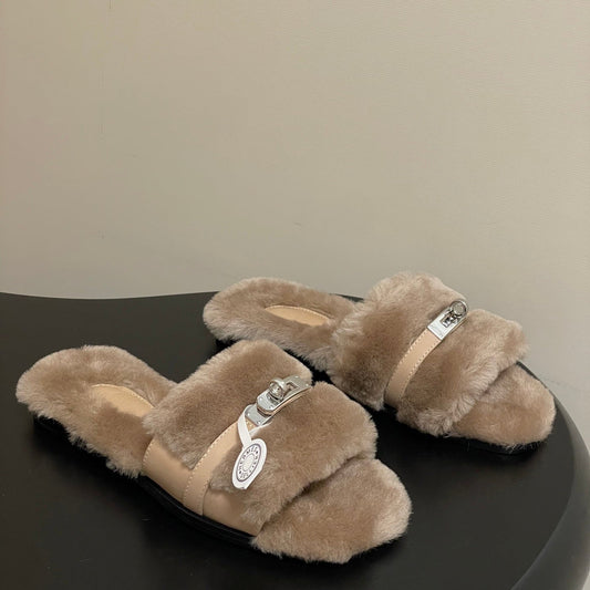 Hermes Giulia Kelly Buckle H-Slippers Beige in Wool 594327