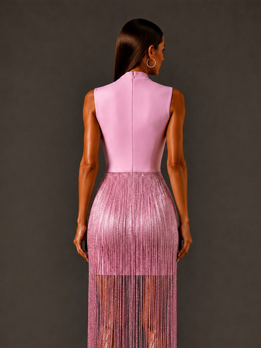 Calliope Silver-Thread Tassel Bandage Maxi Dress In Pink