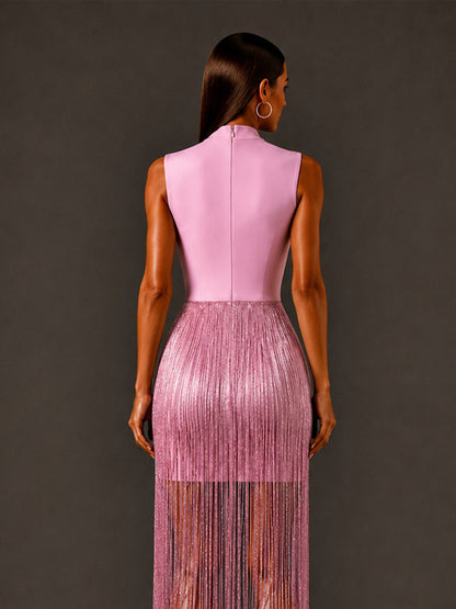 Calliope Silver-Thread Tassel Bandage Maxi Dress In Pink