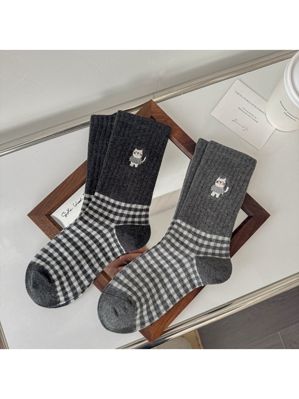 Rufia - Cute Cat Embroidery Plaid Socks for Women