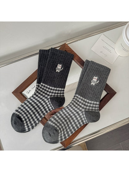 Rufia - Cute Cat Embroidery Plaid Socks for Women