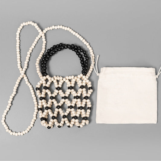 Cosbai - Color-Blocked Wooden Bead Crossbody Bag