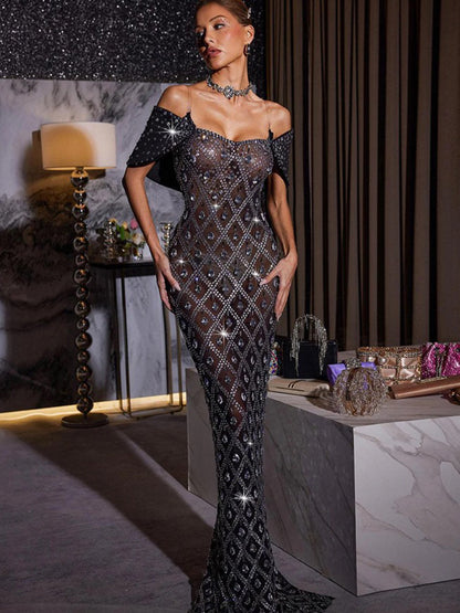 Lucca Rhinestone Mesh Maxi Dress
