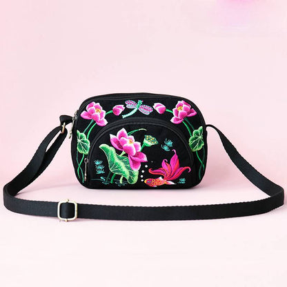 New Small Bag For Mobile Phones, Female Ethnic Style Embroidery Flower Bag, Shoulder Bag, Three-Layer Change Bag, Messenger Bag