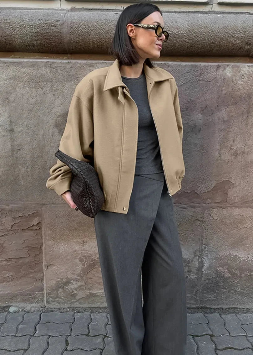 Woolen Lapel Coat Loose Fit Beige Style