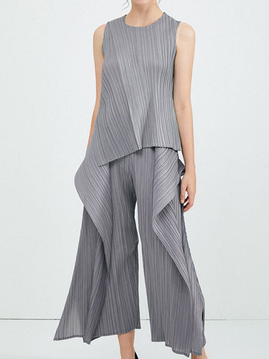 Irregular Clipping Loose Asymmetric Pleated Solid Color Split-Side Tiered Round-Neck Casual Pants Bottoms Two Pieces Set Vest Top