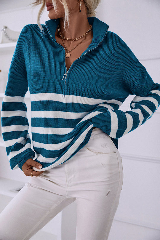 V Neck Collar Ribbed Knitted Stripe Pullover Sweater